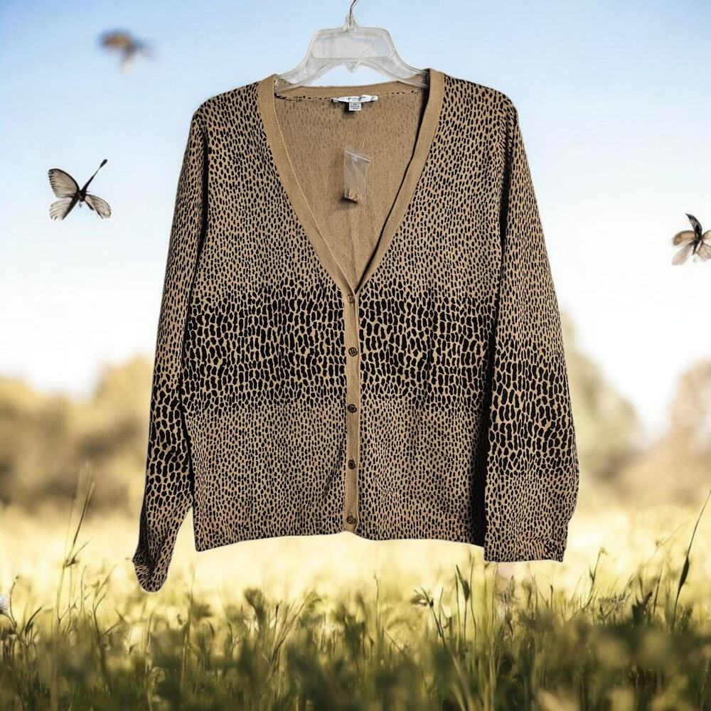 Liz Claiborne Cardigan Sweater Cheetah Leopard Gold Buttons Womens XL Tan Black